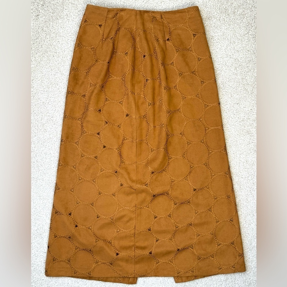 Coldwater Creek A-Line Midi Skirt Faux Suede Tan Circle Stitch Design 10 Petite